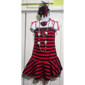 Glam Pirate Costume Juniors XS Striped Dress Skull Mini Hat Sparkly Eyepatch